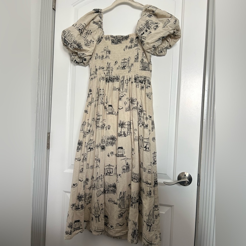 Toile Parisian Bakery Print Theme Linen Blend Midi Dress Puff Sleeve Size M Chic